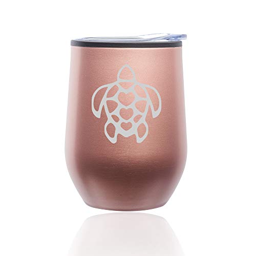 Stemless Wine Tumbler Coffee Travel Mug Glass With Lid Turtle Hearts (Rose Gold)