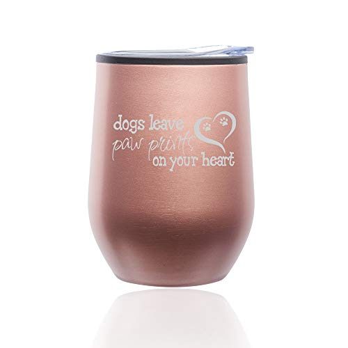 Stemless Wine Tumbler Coffee Travel Mug Glass With Lid Dogs Leave Paw Prints (Rose Gold)