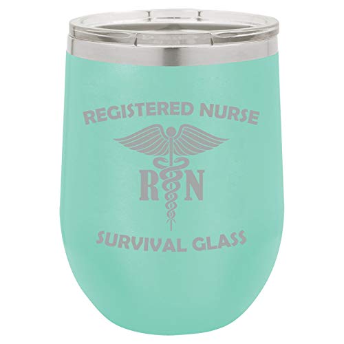 12 oz Double Wall Vacuum Insulated Stainless Steel Stemless Wine Tumbler Glass Coffee Travel Mug With Lid Registered Nurse RN Survival Glass Funny (Teal)