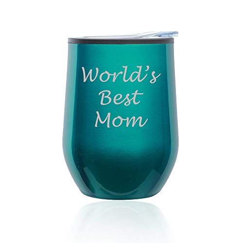 Stemless Wine Tumbler Coffee Travel Mug Glass With Lid World's Best Mom (Turquoise Teal)