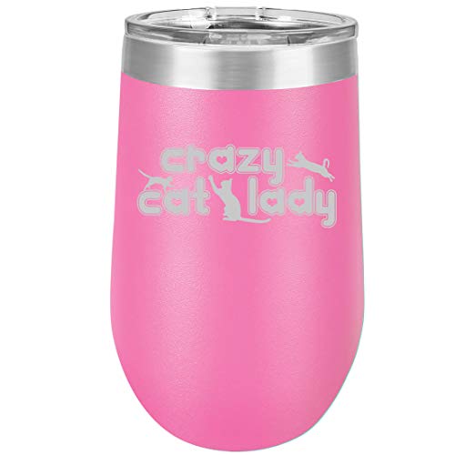 16 oz Double Wall Vacuum Insulated Stainless Steel Stemless Wine Tumbler Glass Coffee Travel Mug With Lid Crazy Cat Lady (Hot Pink)