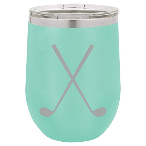 12 oz Double Wall Vacuum Insulated Stainless Steel Stemless Wine Tumbler Glass Coffee Travel Mug With Lid Crossed Golf Clubs (Teal)