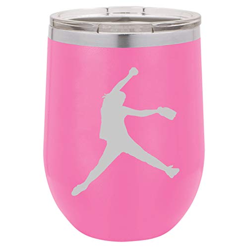 12 oz Double Wall Vacuum Insulated Stainless Steel Stemless Wine Tumbler Glass Coffee Travel Mug With Lid Female Softball Pitcher (Hot-Pink)