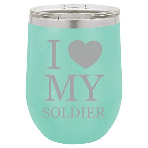 12 oz Double Wall Vacuum Insulated Stainless Steel Stemless Wine Tumbler Glass Coffee Travel Mug With Lid I Love My Soldier (Teal)