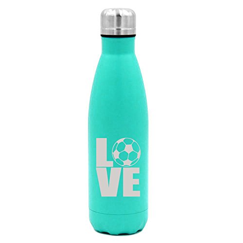 17 oz. Double Wall Vacuum Insulated Stainless Steel Water Bottle Travel Mug Cup Love Soccer (Light-Blue)