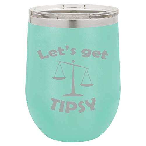 12 oz Double Wall Vacuum Insulated Stainless Steel Stemless Wine Tumbler Glass Coffee Travel Mug With Lid Funny Scales of Justice Let's Get Tipsy (Teal)