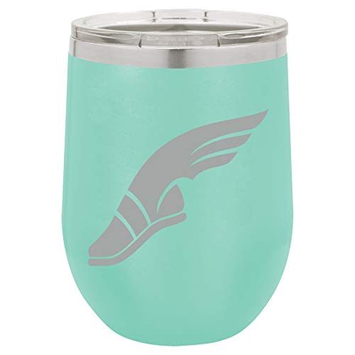 12 oz Double Wall Vacuum Insulated Stainless Steel Stemless Wine Tumbler Glass Coffee Travel Mug With Lid Track & Field Wing Shoe (Teal)