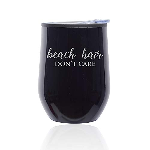 Stemless Wine Tumbler Coffee Travel Mug Glass With Lid Beach Hair Don't Care (Midnight Black)