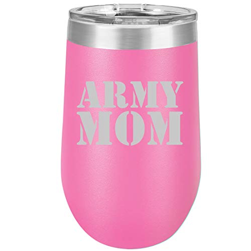 16 oz Double Wall Vacuum Insulated Stainless Steel Stemless Wine Tumbler Glass Coffee Travel Mug With Lid Army Mom (Hot Pink)