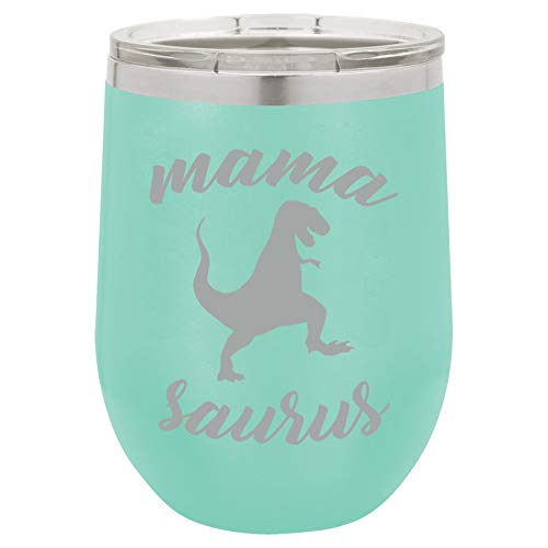 12 oz Double Wall Vacuum Insulated Stainless Steel Stemless Wine Tumbler Glass Coffee Travel Mug With Lid Mama Saurus Mom Mother T-Rex Funny (Teal)