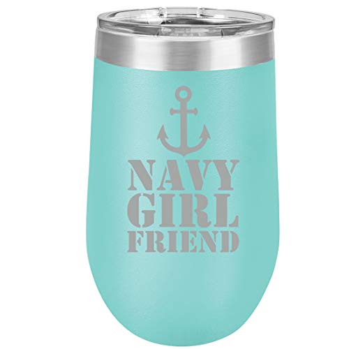 16 oz Double Wall Vacuum Insulated Stainless Steel Stemless Wine Tumbler Glass Coffee Travel Mug With Lid Navy Girlfriend Anchor (Teal)