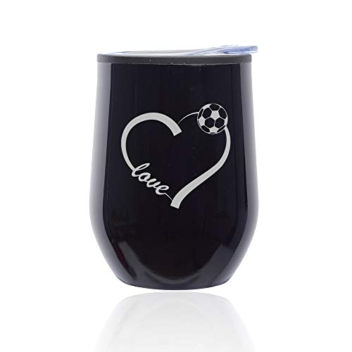 Stemless Wine Tumbler Coffee Travel Mug Glass With Lid Love Heart Soccer (Midnight Black)