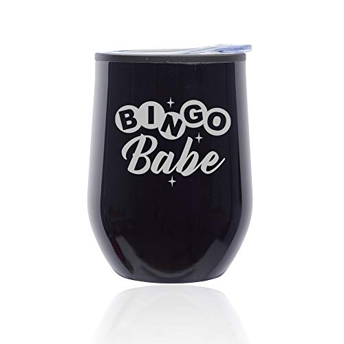 Stemless Wine Tumbler Coffee Travel Mug Glass With Lid Bingo Babe (Midnight Black)