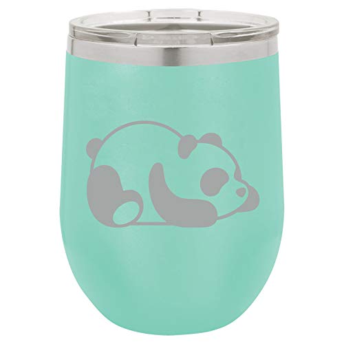 12 oz Double Wall Vacuum Insulated Stainless Steel Stemless Wine Tumbler Glass Coffee Travel Mug With Lid Lazy Panda (Teal)