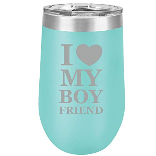16 oz Double Wall Vacuum Insulated Stainless Steel Stemless Wine Tumbler Glass Coffee Travel Mug With Lid I Love My Boyfriend (Teal)