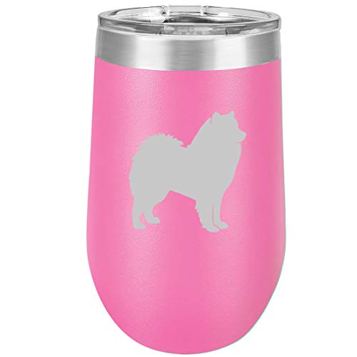 16 oz Double Wall Vacuum Insulated Stainless Steel Stemless Wine Tumbler Glass Coffee Travel Mug With Lid Samoyed (Hot Pink)