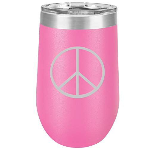 16 oz Double Wall Vacuum Insulated Stainless Steel Stemless Wine Tumbler Glass Coffee Travel Mug With Lid Peace Sign (Hot Pink)