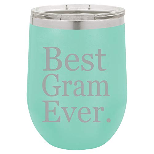 12 oz Double Wall Vacuum Insulated Stainless Steel Stemless Wine Tumbler Glass Coffee Travel Mug With Lid Best Gram Ever Grammy Grandma Grandmother (Teal)