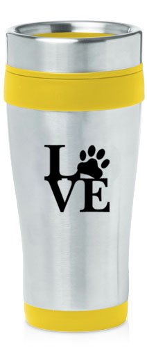 Yellow 16oz Insulated Stainless Steel Travel Mug Z1465 Love Paw Print