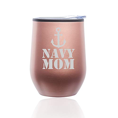 Stemless Wine Tumbler Coffee Travel Mug Glass With Lid Navy Mom (Rose Gold)