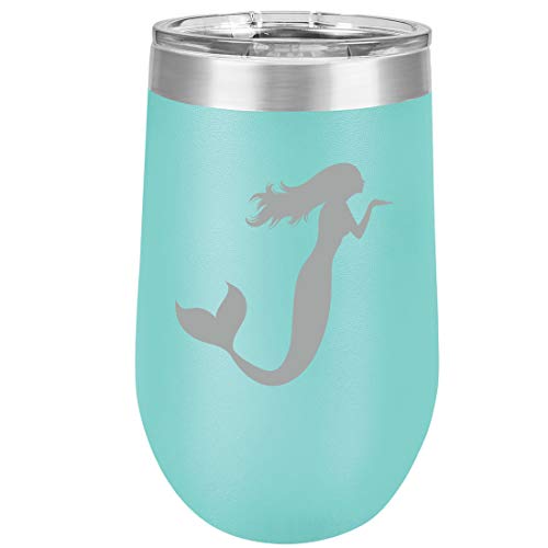 16 oz Double Wall Vacuum Insulated Stainless Steel Stemless Wine Tumbler Glass Coffee Travel Mug With Lid Mermaid (Teal)