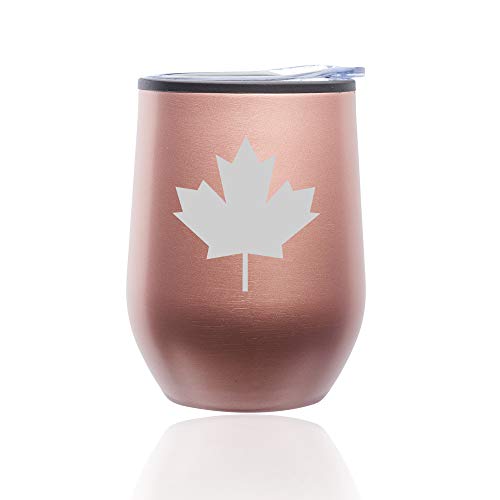 Stemless Wine Tumbler Coffee Travel Mug Glass With Lid Maple Leaf Canada (Rose Gold)