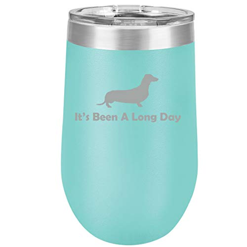 16 oz Double Wall Vacuum Insulated Stainless Steel Stemless Wine Tumbler Glass Coffee Travel Mug With Lid It's Been A Long Day Dachshund (Teal)