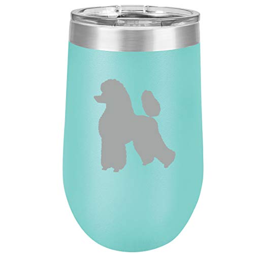 16 oz Double Wall Vacuum Insulated Stainless Steel Stemless Wine Tumbler Glass Coffee Travel Mug With Lid Poodle (Teal)