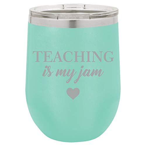 12 oz Double Wall Vacuum Insulated Stainless Steel Stemless Wine Tumbler Glass Coffee Travel Mug With Lid Teaching Is My Jam Teacher (Teal)