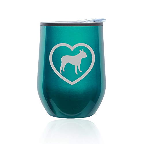 Stemless Wine Tumbler Coffee Travel Mug Glass With Lid Boston Terrier Heart (Turquoise Teal)