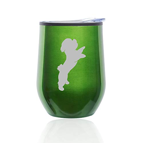 Stemless Wine Tumbler Coffee Travel Mug Glass With Lid Bichon Frise (Green)