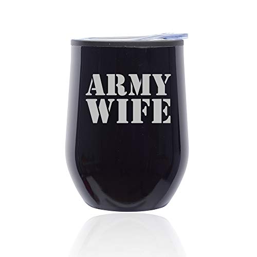 Stemless Wine Tumbler Coffee Travel Mug Glass With Lid Army Wife (Midnight Black)