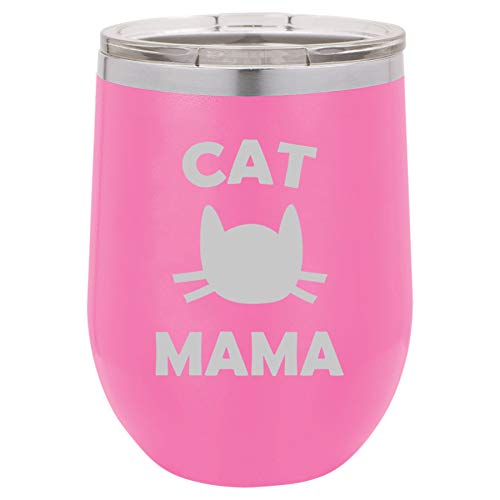 12 oz Double Wall Vacuum Insulated Stainless Steel Stemless Wine Tumbler Glass Coffee Travel Mug With Lid Cat Mama (Hot Pink)