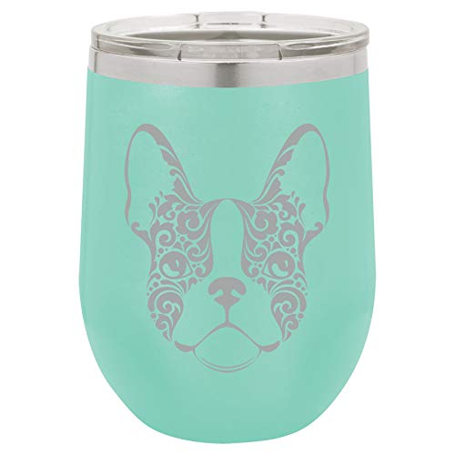 12 oz Double Wall Vacuum Insulated Stainless Steel Stemless Wine Tumbler Glass Coffee Travel Mug With Lid French Bulldog Floral (Teal)