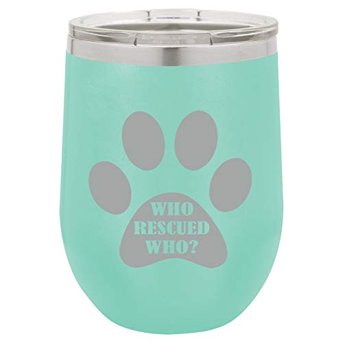 12 oz Double Wall Vacuum Insulated Stainless Steel Stemless Wine Tumbler Glass Coffee Travel Mug With Lid Paw Print Who Rescued Who (Teal)