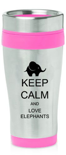 Pink 16oz Insulated Stainless Steel Travel Mug Z406 Keep Calm and Love Elephants