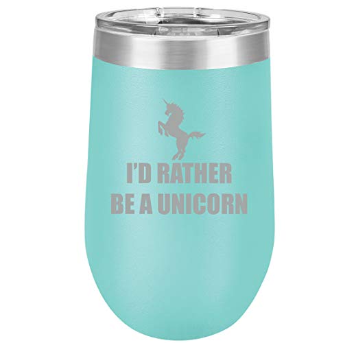 16 oz Double Wall Vacuum Insulated Stainless Steel Stemless Wine Tumbler Glass Coffee Travel Mug With Lid I'd Rather Be A Unicorn (Teal)
