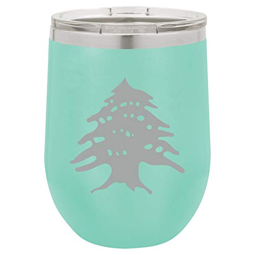 12 oz Double Wall Vacuum Insulated Stainless Steel Stemless Wine Tumbler Glass Coffee Travel Mug With Lid Cedar Tree Lebanon Lebanese (Teal)