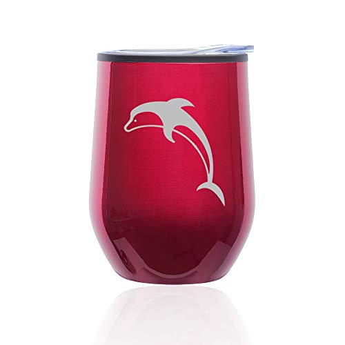 Stemless Wine Tumbler Coffee Travel Mug Glass With Lid Dolphin (Fuchsia)