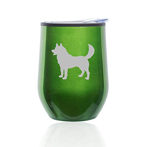 Stemless Wine Tumbler Coffee Travel Mug Glass With Lid Husky (Green)