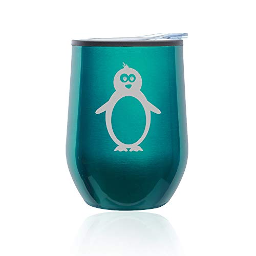 Stemless Wine Tumbler Coffee Travel Mug Glass With Lid Penguin (Turquoise Teal)