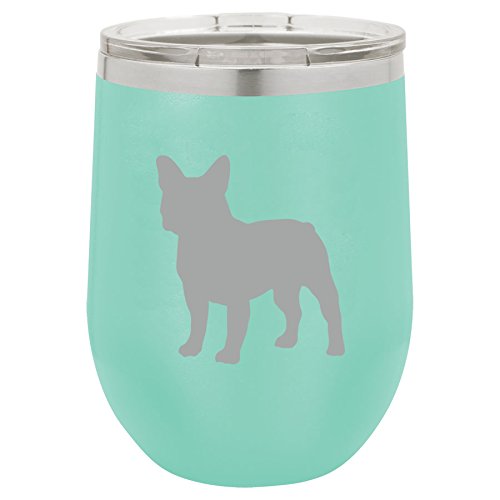 12 oz Double Wall Vacuum Insulated Stainless Steel Stemless Wine Tumbler Glass Coffee Travel Mug With Lid French Bulldog (Teal)