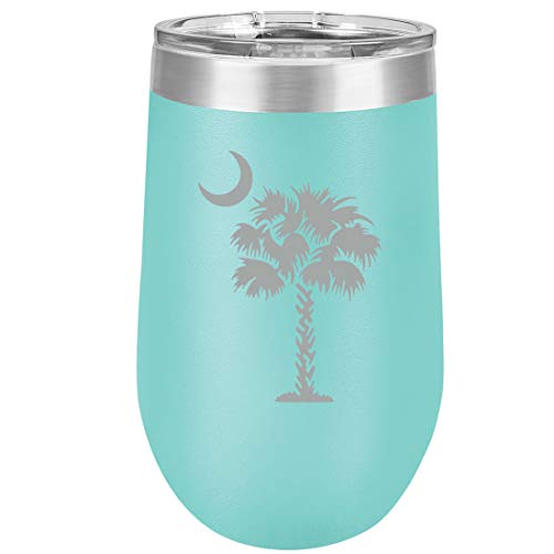 16 oz Double Wall Vacuum Insulated Stainless Steel Stemless Wine Tumbler Glass Coffee Travel Mug With Lid Palmetto Tree South Carolina Palm Moon (Teal)