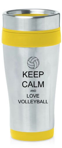 Yellow 16oz Insulated Stainless Steel Travel Mug Z1321 Keep Calm and Love Volleyball