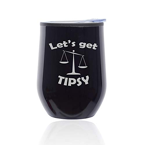 Stemless Wine Tumbler Coffee Travel Mug Glass With Lid Let's Get Tipsy Scales Of Justice Funny (Midnight Black)
