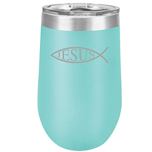 16 oz Double Wall Vacuum Insulated Stainless Steel Stemless Wine Tumbler Glass Coffee Travel Mug With Lid Jesus Fish (Teal)