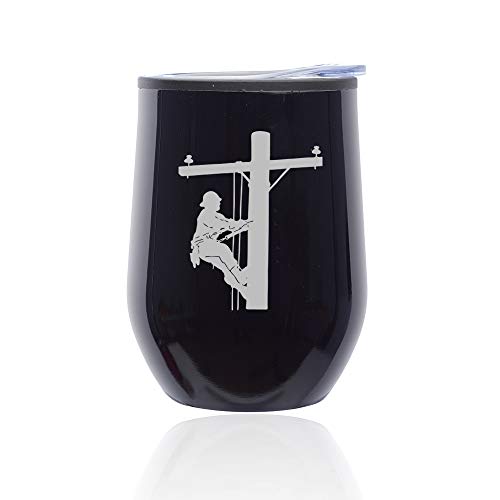 Stemless Wine Tumbler Coffee Travel Mug Glass With Lid Lineman Electric Pole Climber (Midnight Black)