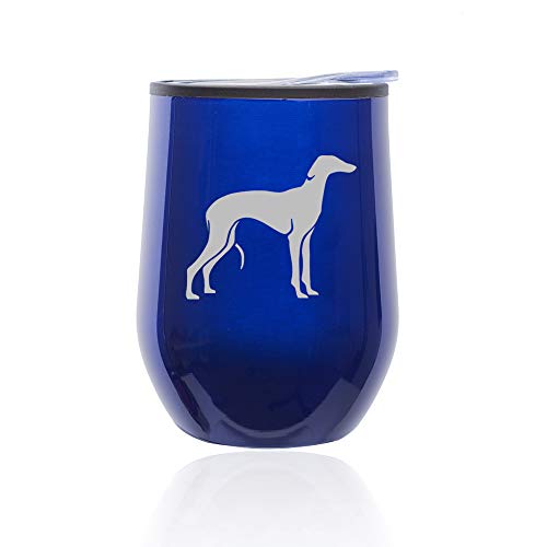 Stemless Wine Tumbler Coffee Travel Mug Glass With Lid Greyhound (Blue)