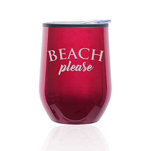 Stemless Wine Tumbler Coffee Travel Mug Glass With Lid Beach Please (Fuchsia)