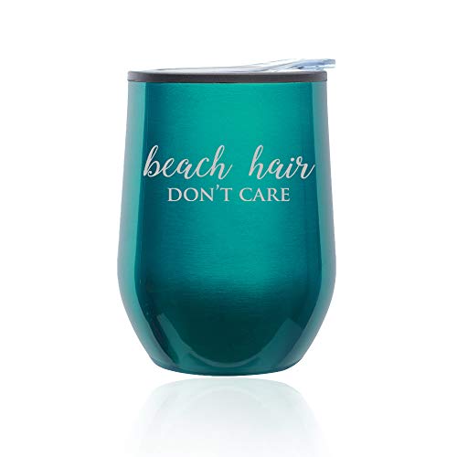 Stemless Wine Tumbler Coffee Travel Mug Glass With Lid Beach Hair Don't Care (Turquoise Teal)